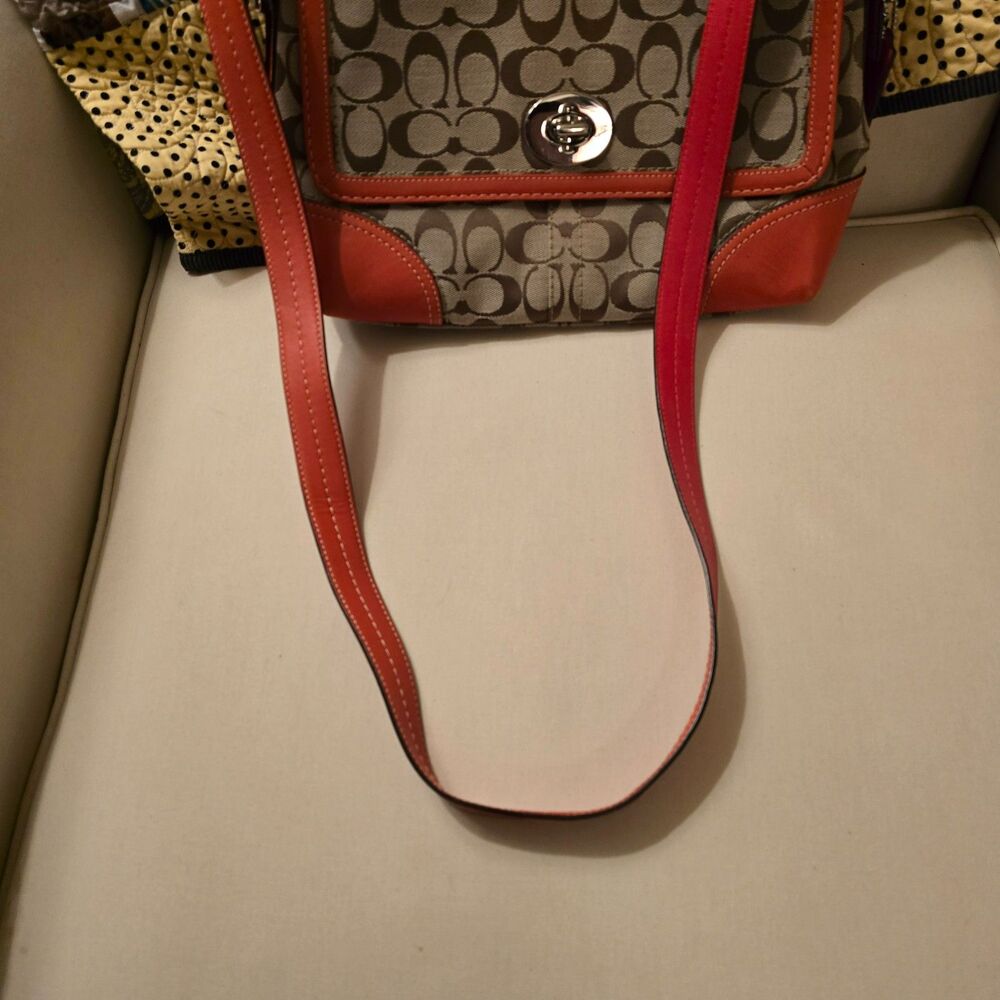 Coach Hampton Signature Flap Orange Leather Trim and Tan Crossbody Bag - Picture 9 of 9